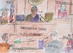 [ai] A courtroom scene featuring a judge at the center behind a bench labeled 'IMMIGRATION COURT.' A clerk is pictured to the left, while a lawyer and a defendant are seated in front. An interpreter is visible on the right side.